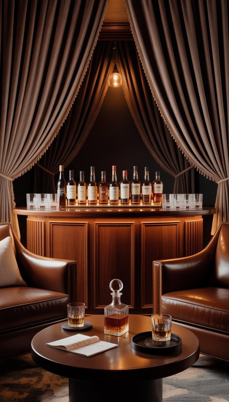A home whiskey lounge with dark velvet curtains, a wooden bar with whiskey bottles and glasses, and leather armchairs arranged around a low table.