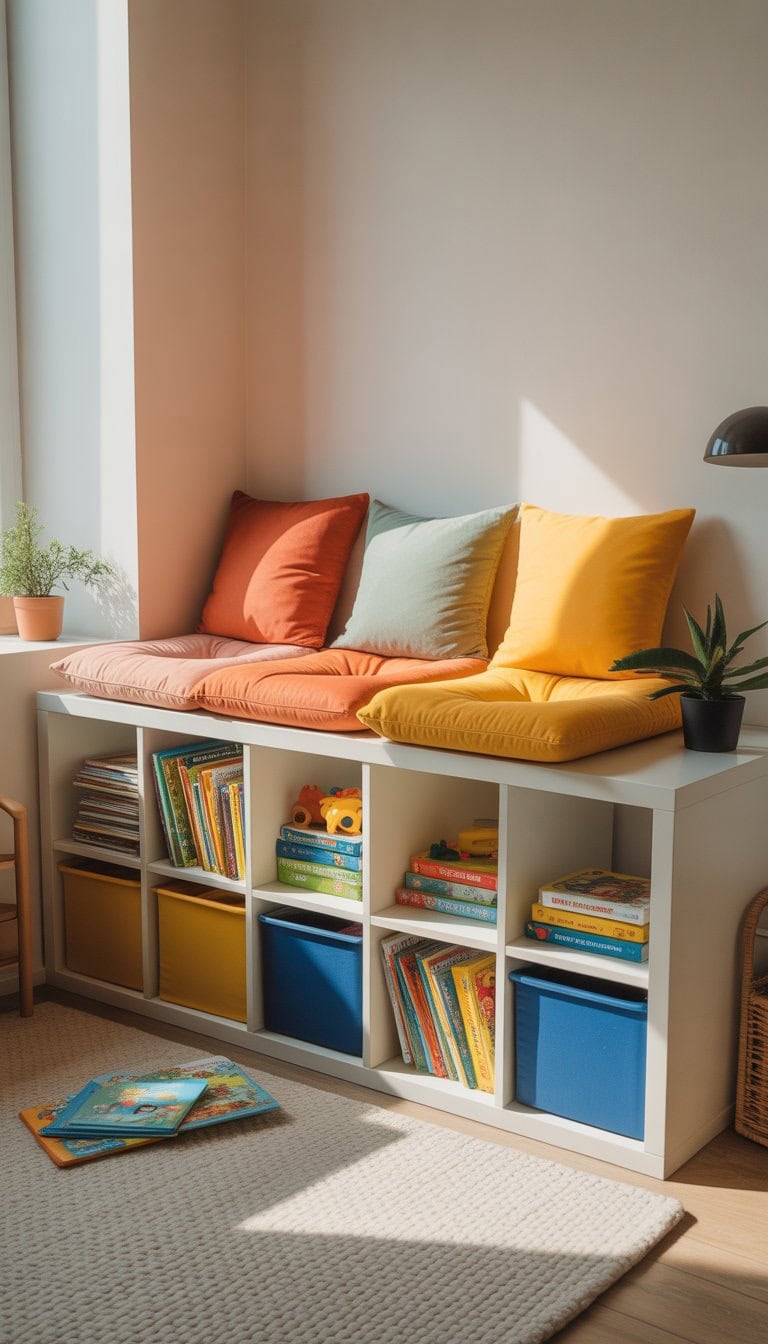 A cozy reading nook with cushions on top of a white storage unit filled with toys and books in a bright room.