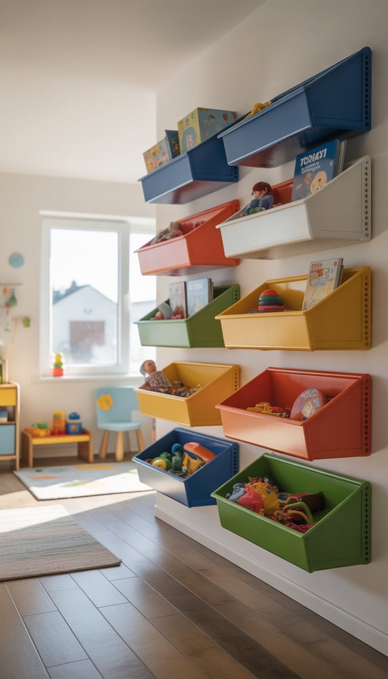 A children's playroom with IKEA TROFAST storage units mounted on the wall holding colorful toys and books.