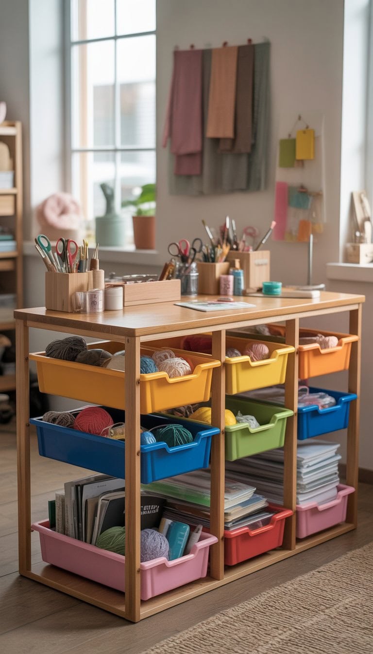A craft desk made by placing a wooden tabletop over IKEA TROFAST storage frames filled with colorful craft supplies in a bright room.