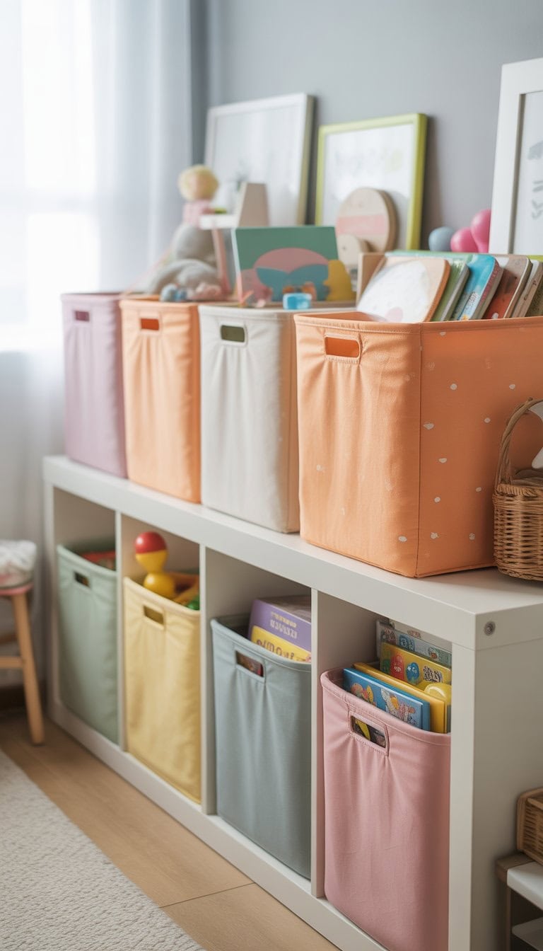 A set of IKEA TROFAST storage bins covered with colorful fabric covers on a white shelving unit in a bright room.