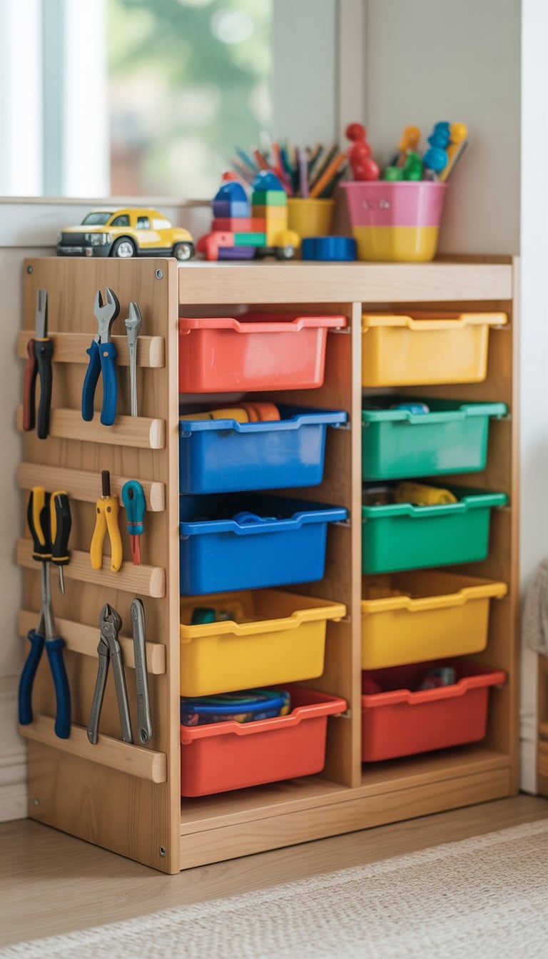 IKEA Trofast storage unit with magnetic strips on the sides holding small tools and toys, with colorful bins filled with craft supplies and toys.