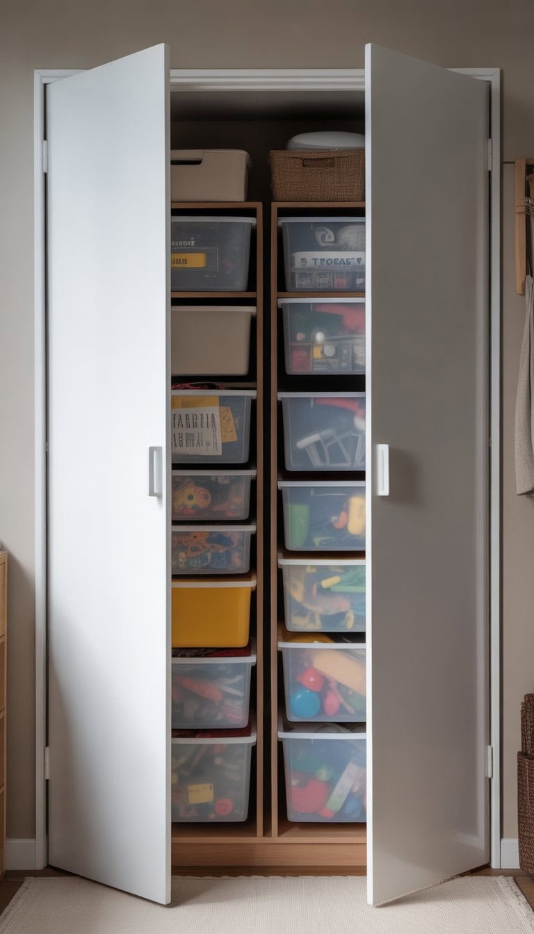 A closet with doors slightly open revealing a hidden organizer made of colorful storage bins neatly arranged inside.