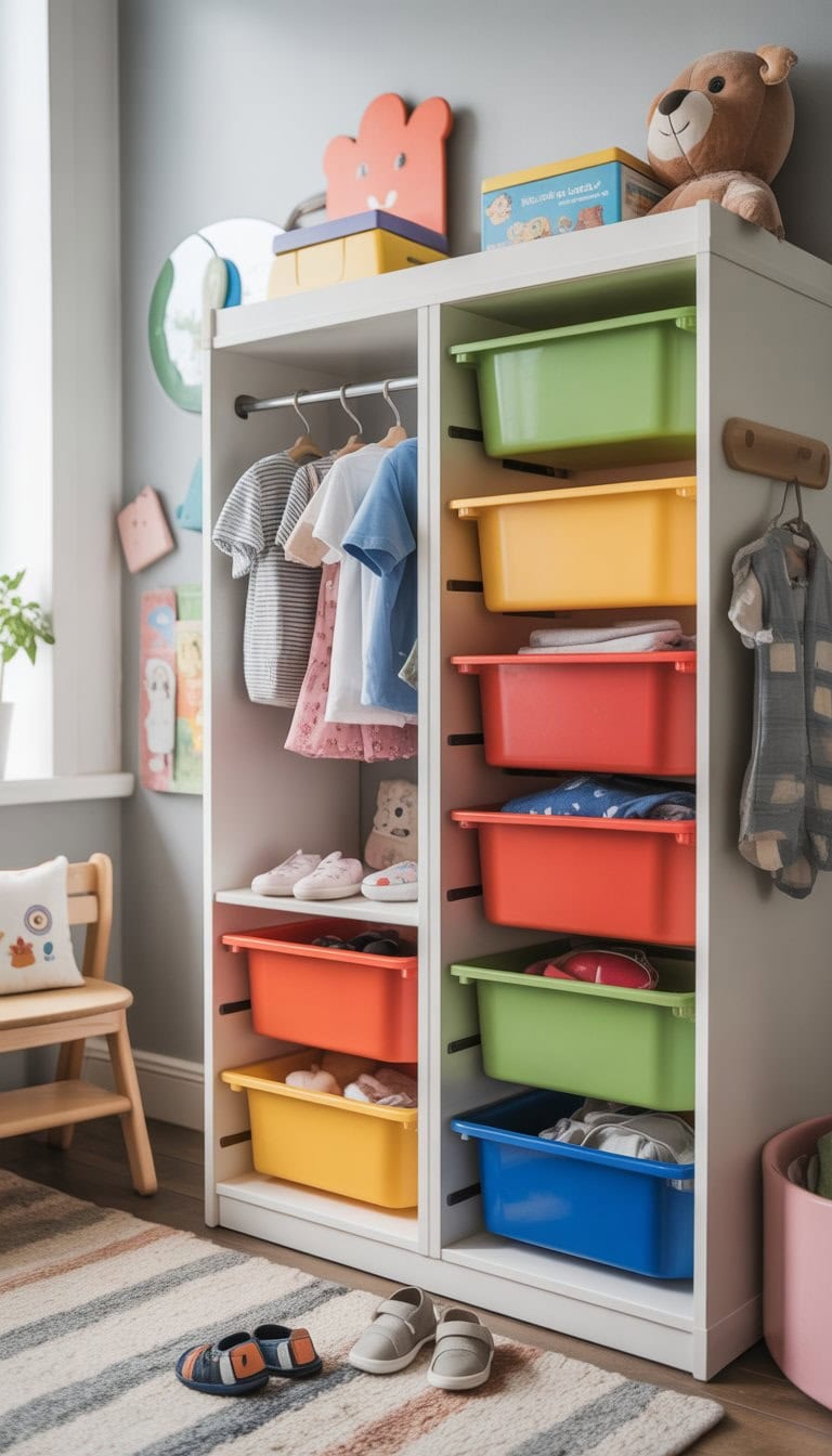 A children's mini wardrobe made by stacking IKEA TROFAST units filled with clothes and toys in a bright bedroom.