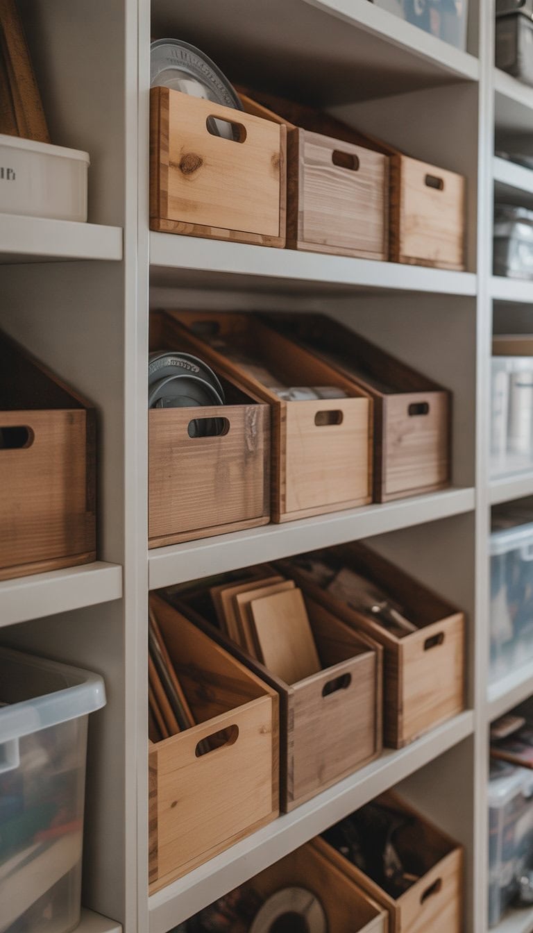 Shelving unit with neatly arranged wooden storage boxes replacing plastic bins in a bright room.