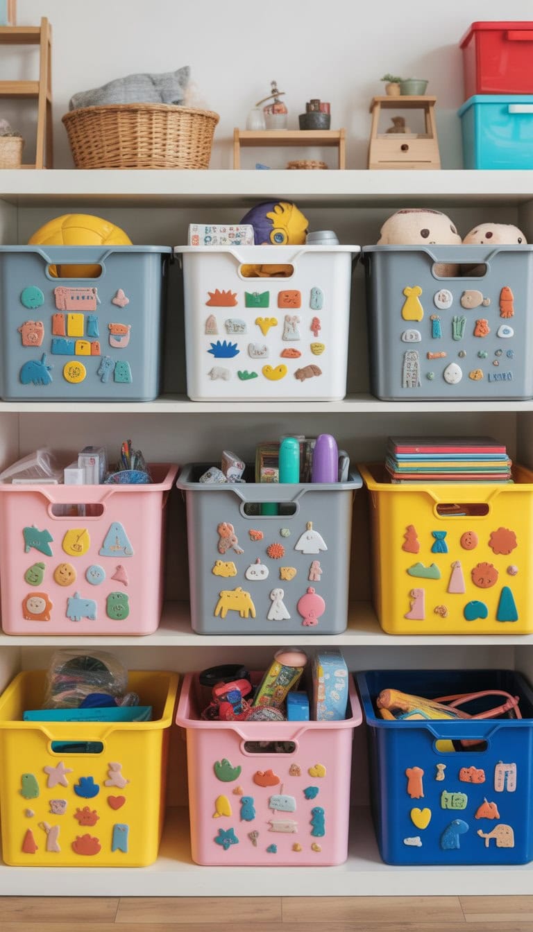 Neatly arranged IKEA Trofast bins personalized with colorful stickers and vinyl decals, filled with toys and craft supplies on shelves.