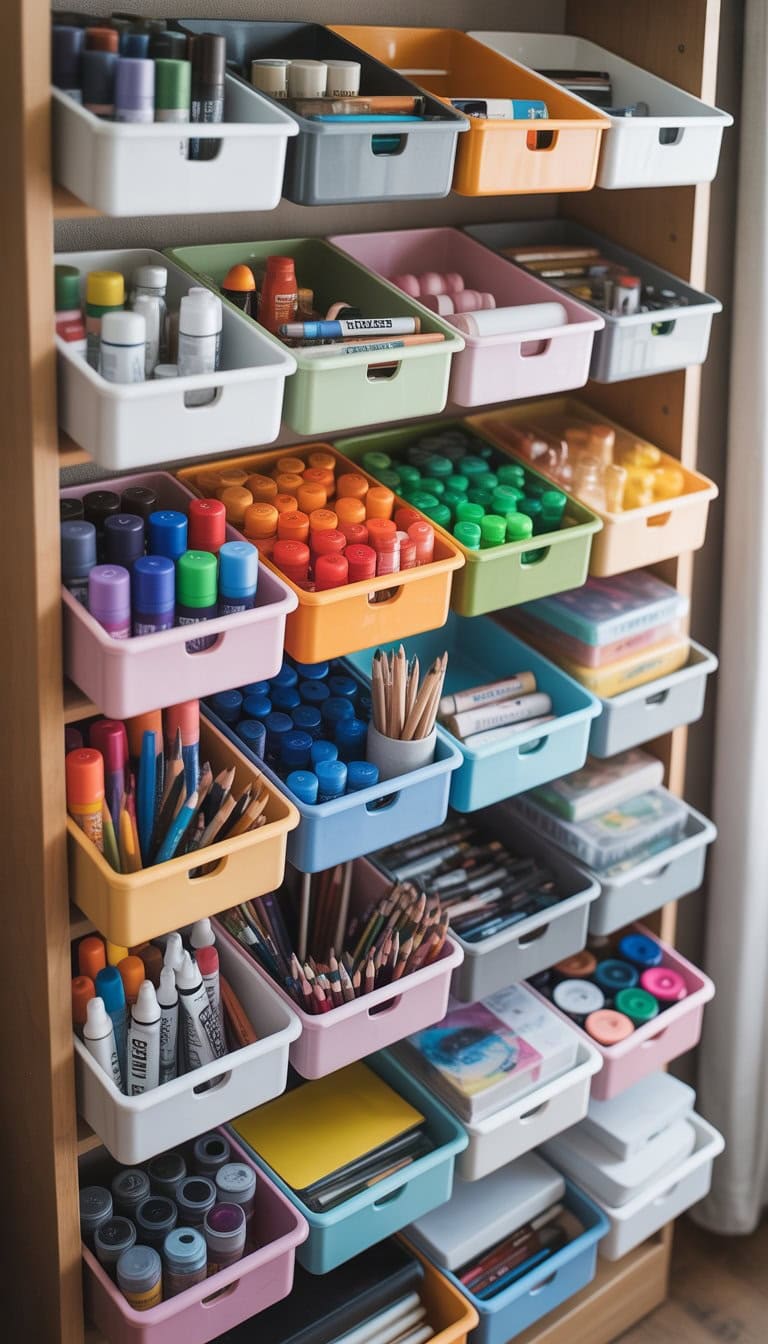A shelving unit with IKEA TROFAST trays organizing colorful art supplies by color.