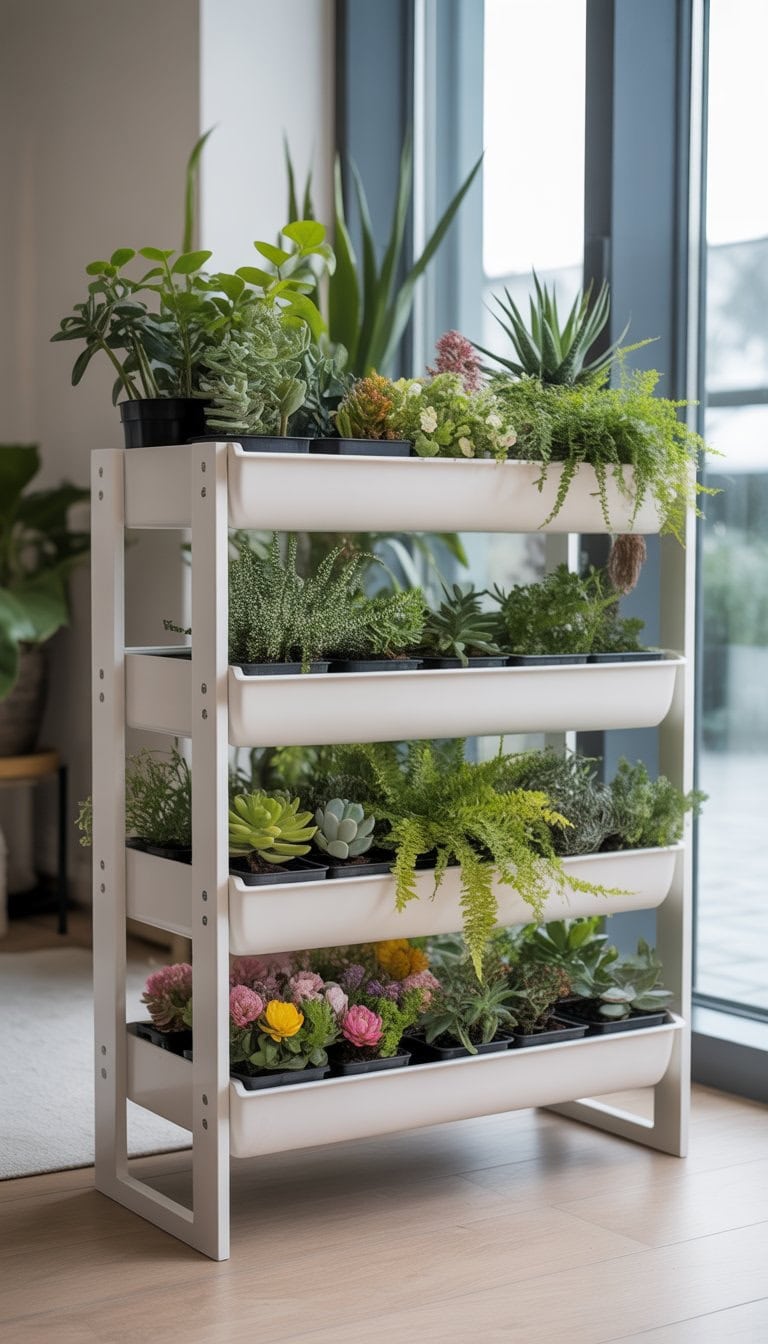 A white IKEA TROFAST unit repurposed as a planter stand holding several trays with various green and flowering potted plants near a bright window.