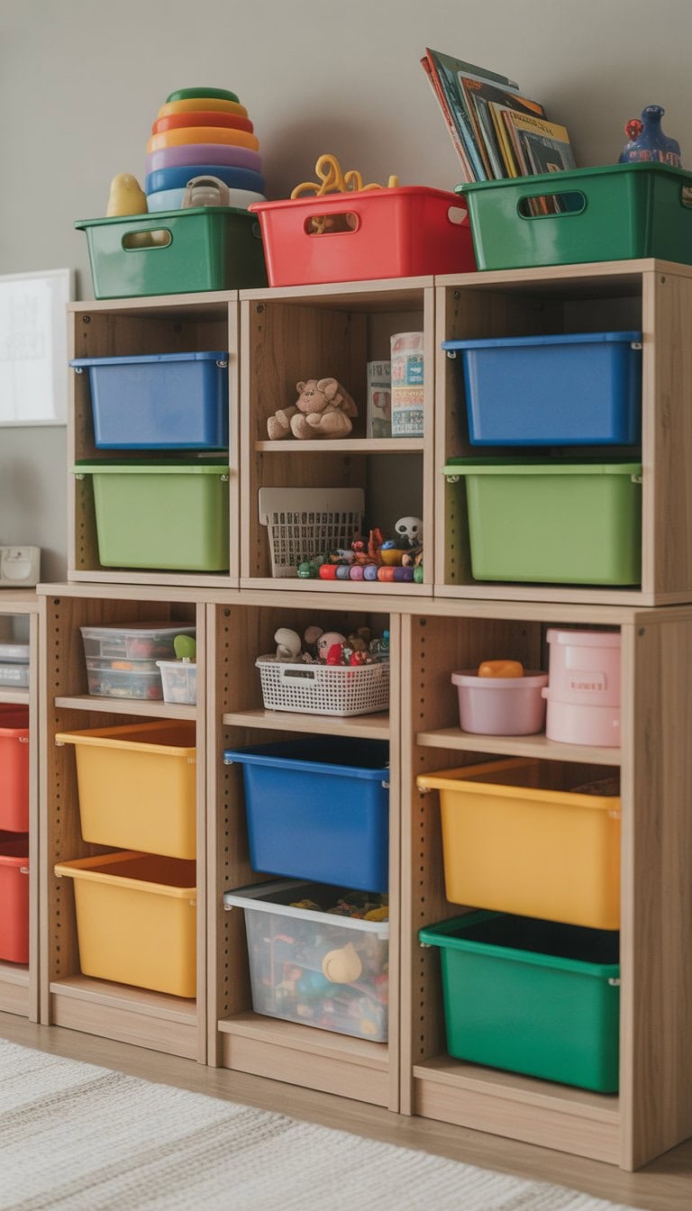 A room with IKEA TROFAST storage frames featuring added shelves inside, filled with colorful bins and various household items.
