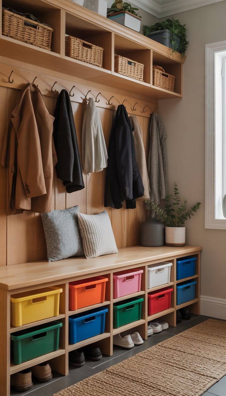 A mudroom with a wooden bench and colorful storage bins underneath, shoes on the floor, and coats hanging on hooks above.