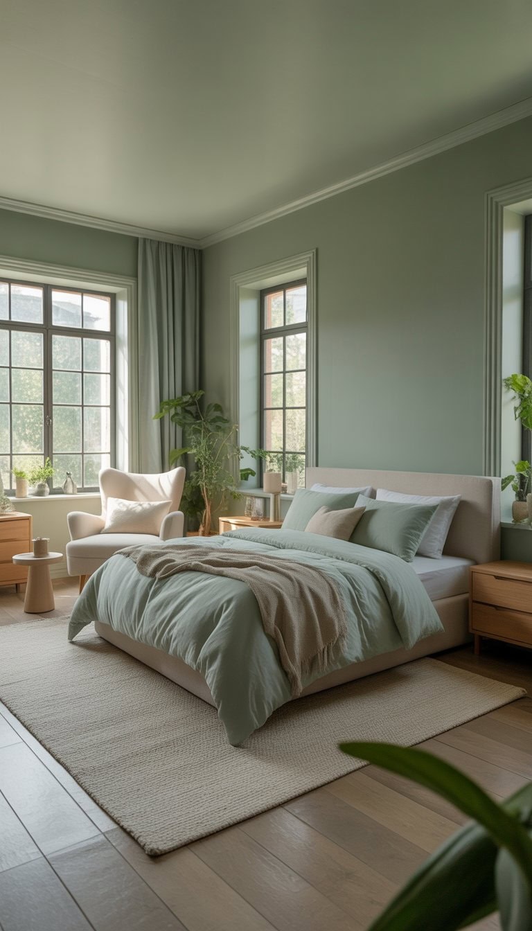 A bedroom with sage green walls, a bed with matching bedding, wooden furniture, plants, and natural light coming through windows.