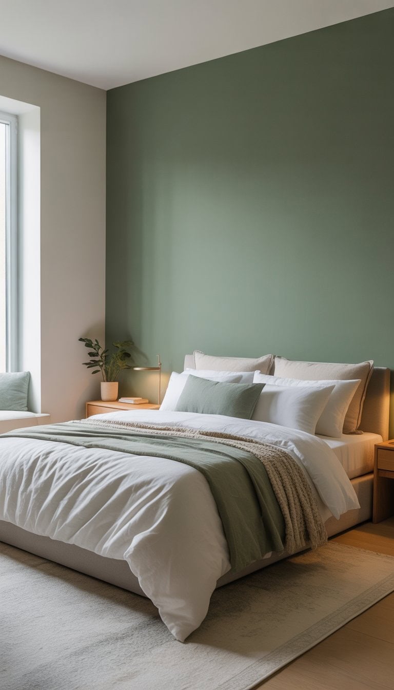 A bedroom with a large sage green accent wall, a neatly made bed with white and gray bedding, a wooden nightstand with a lamp and plant, and natural light filling the room.