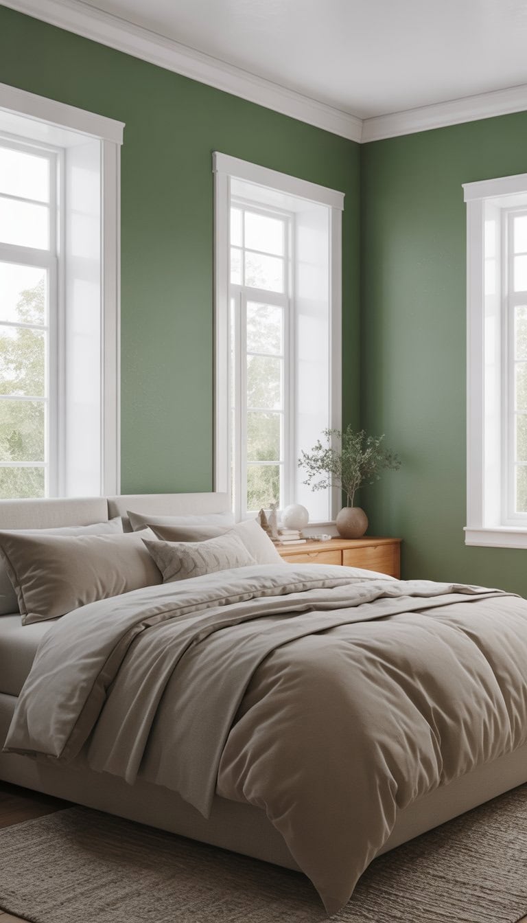 A bedroom with sage green walls and white trim, featuring a neatly made bed and natural light coming through large windows.