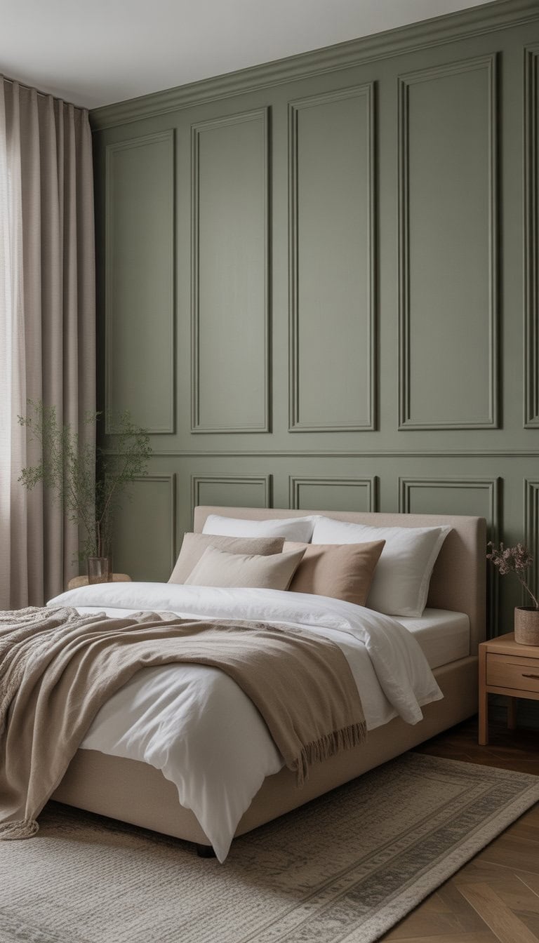 A bedroom with sage green paneled walls, a neatly made bed, a bedside table with a plant, and soft natural light coming through sheer curtains.