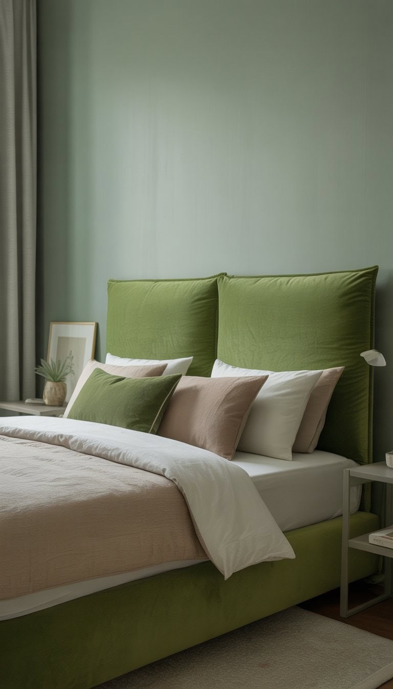 A bedroom with a green velvet headboard, neutral bedding, soft natural light, and simple bedside tables with lamps.