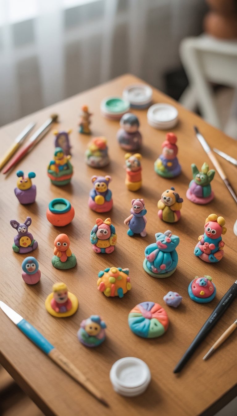 A collection of 23 small colorful clay projects arranged on a wooden table with sculpting tools nearby.