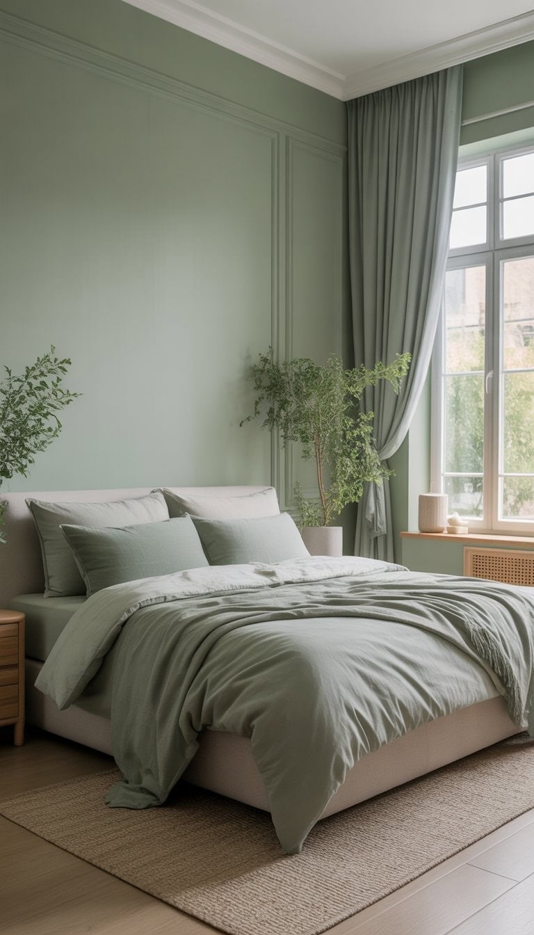 A bedroom with sage green walls, a bed with matching bedding, silver grey curtains on a window, and light wood furniture.