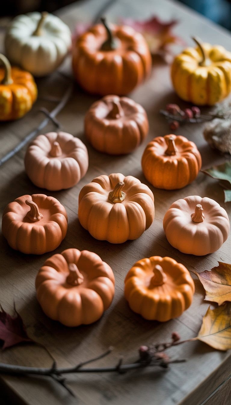 A group of small pumpkin-shaped clay bowls arranged on a wooden surface with autumn leaves and miniature gourds around them.