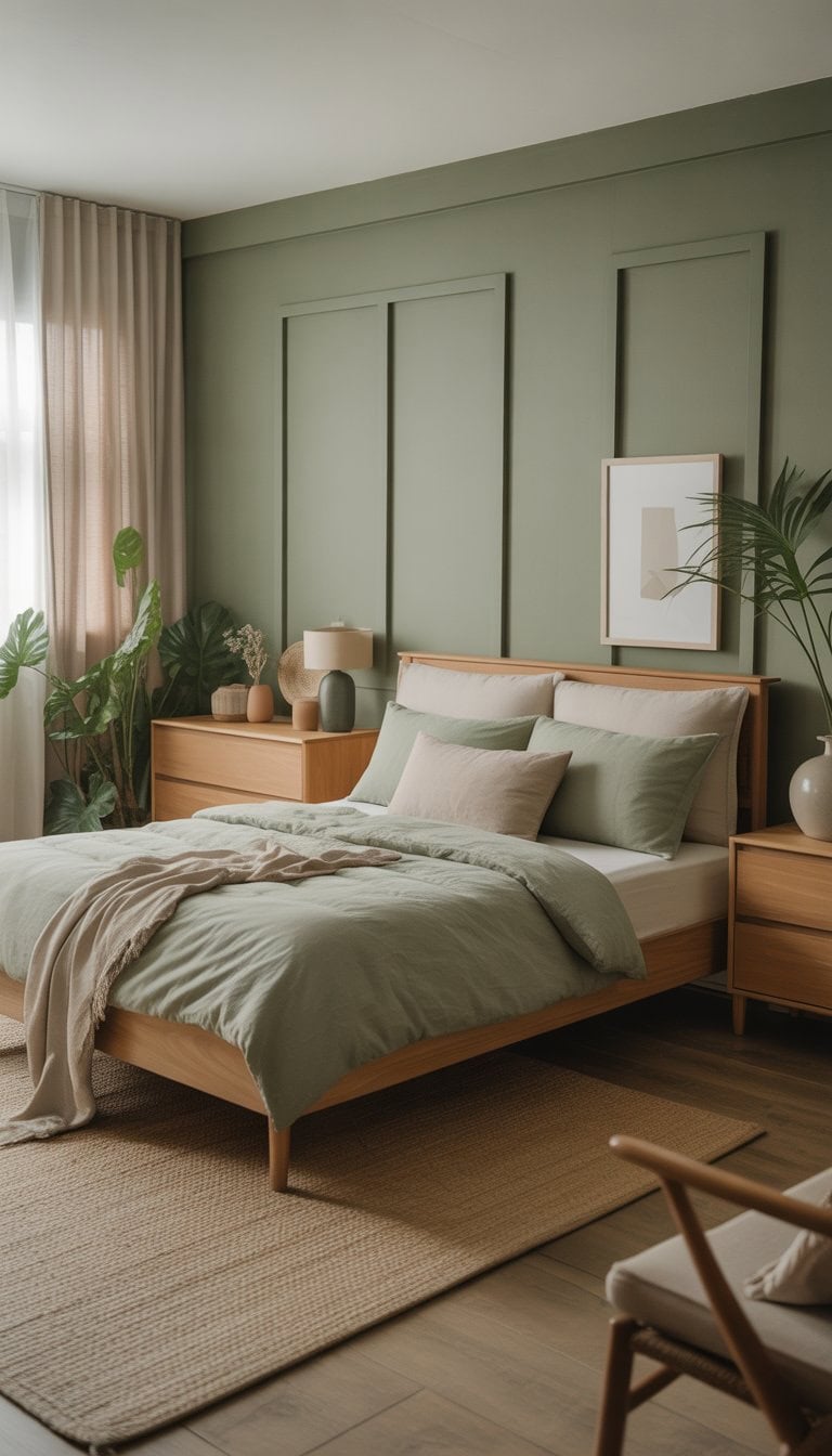 A bedroom with sage green walls, a bed, light wood furniture, and natural light coming through the window.