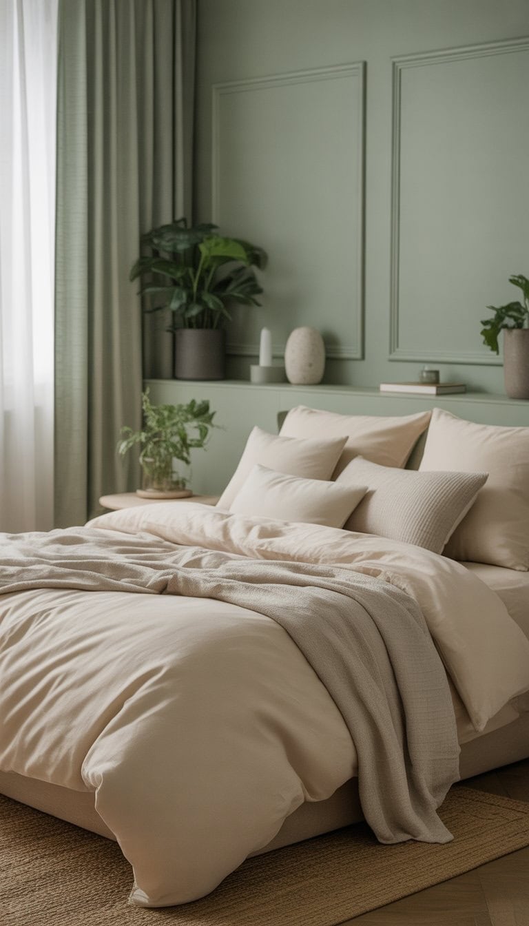 A bedroom with soft cream bedding on a bed against sage green walls, featuring natural light and simple decor.