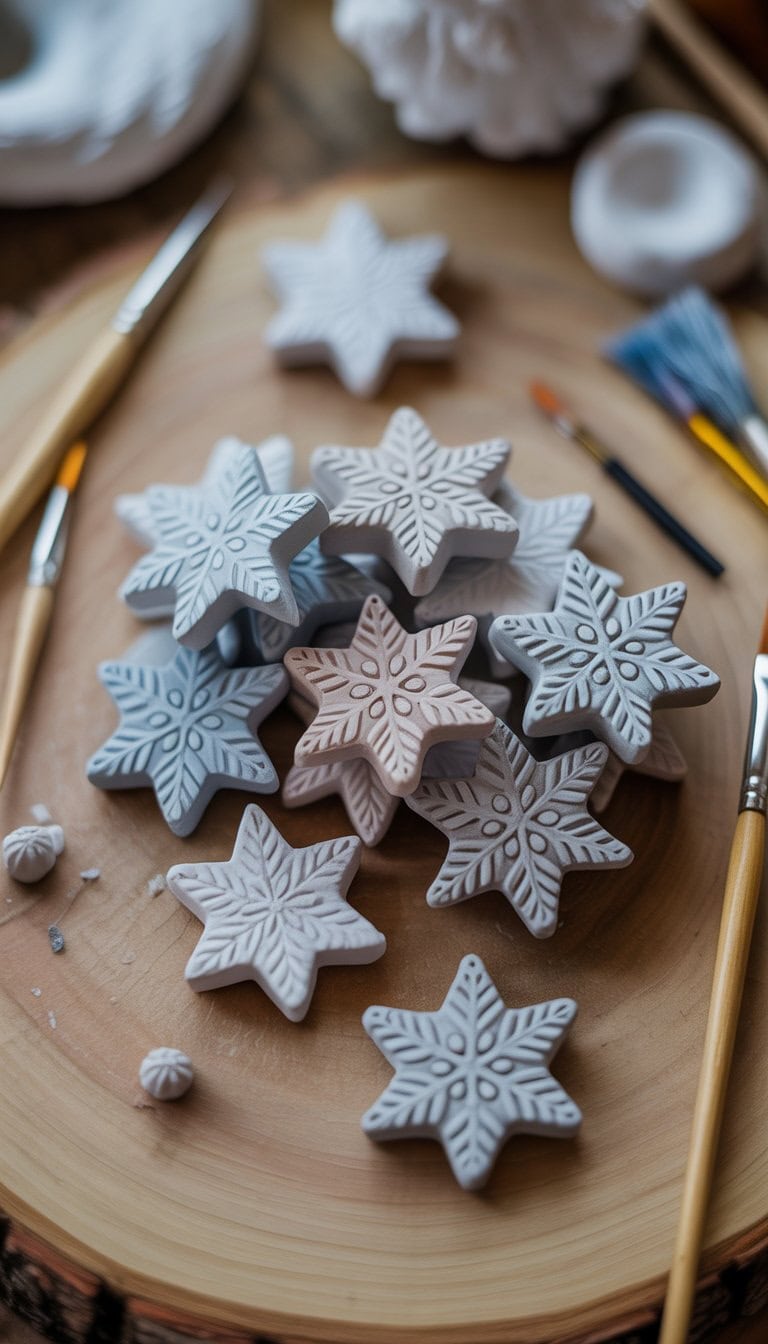 A collection of small clay snowflake ornaments arranged on a wooden surface with crafting tools nearby.