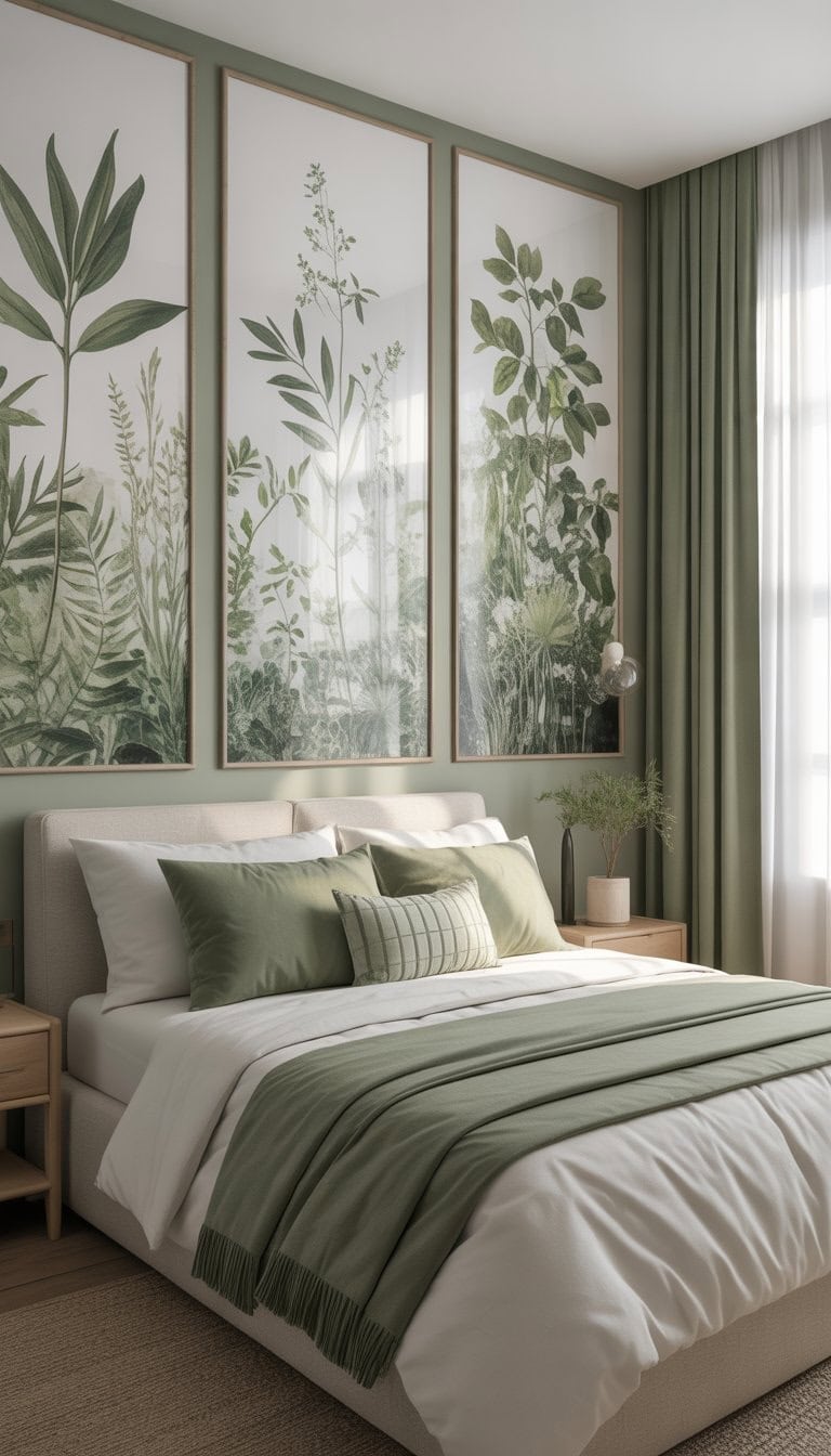 A bedroom with a bed, botanical wall art, sage green accents, a nightstand with a plant, and natural light coming through a window.