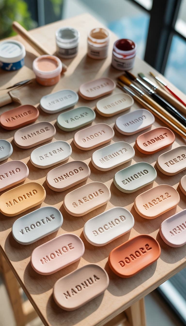 A collection of small personalized clay name tags arranged on a wooden surface with clay crafting tools nearby.
