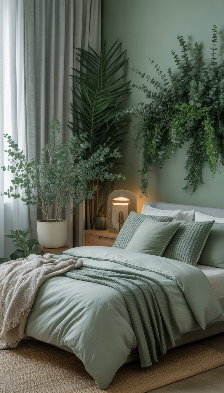 A bedroom with sage green walls and bedding, decorated with eucalyptus potted plants and wooden furniture, bathed in soft natural light.