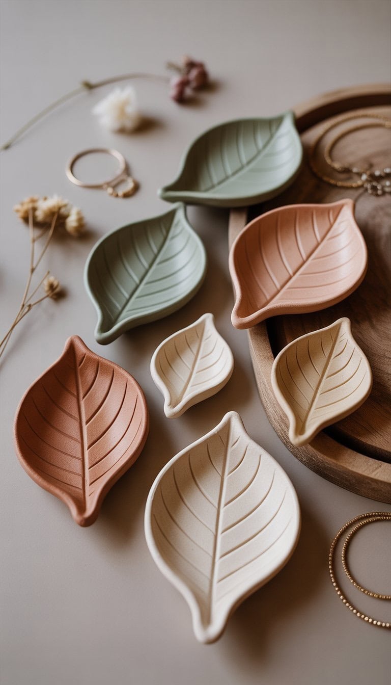 A collection of small leaf-shaped clay dishes arranged on a wooden surface with dried flowers and jewelry nearby.