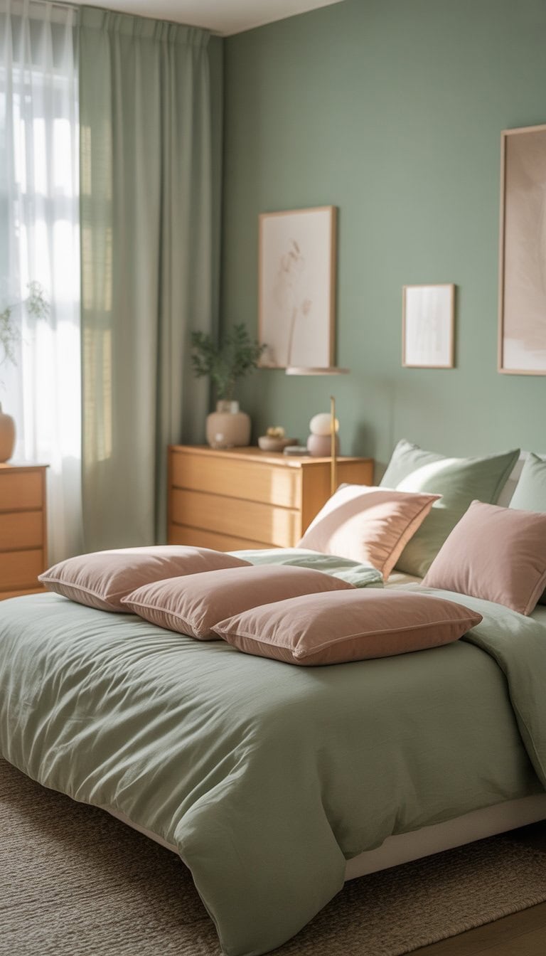 A bedroom with sage green walls and a bed with blush pink cushions, featuring wooden furniture and natural light.