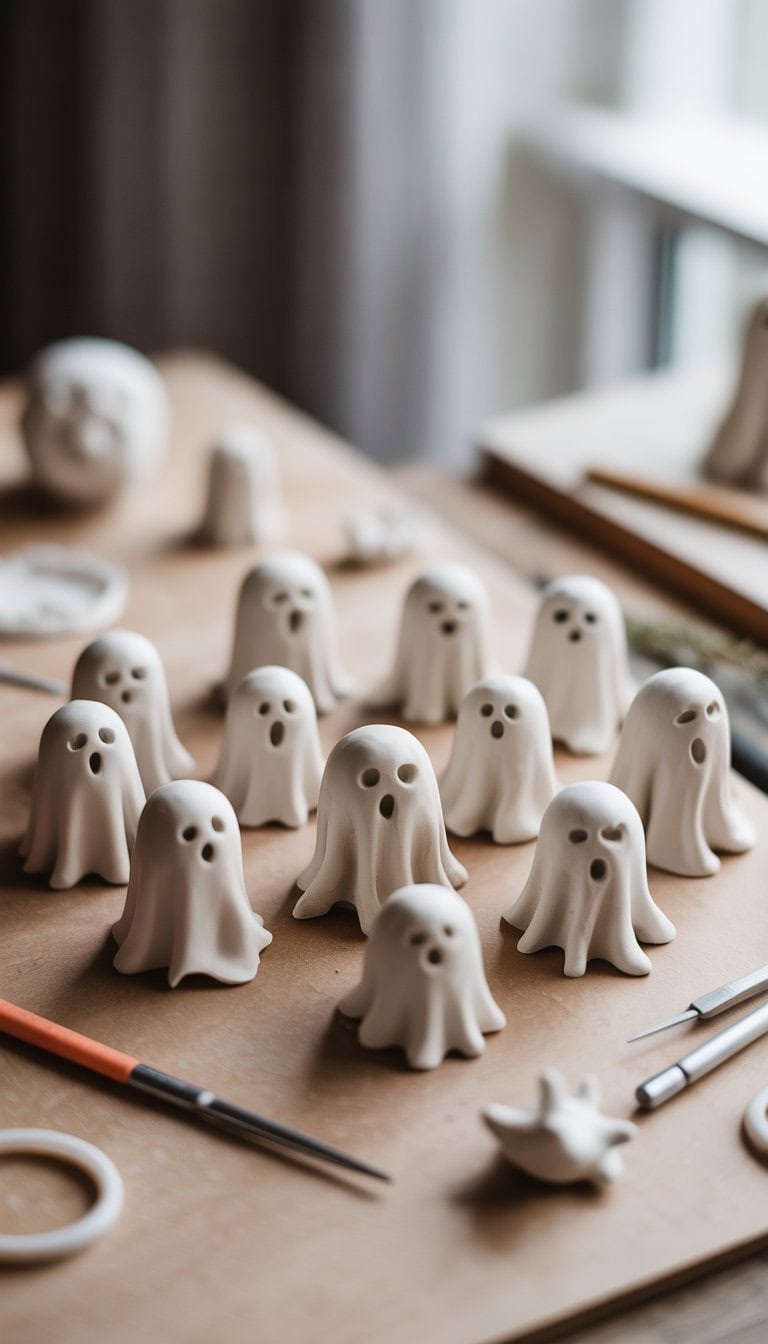 A collection of small white clay ghost figurines arranged on a surface with sculpting tools nearby.