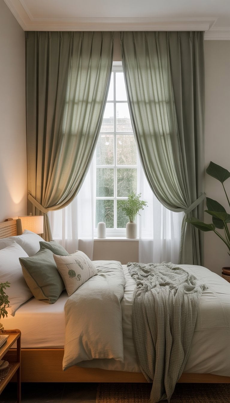 A bedroom with sage green drapes, a bed with matching pillows, and soft natural light coming through a window.