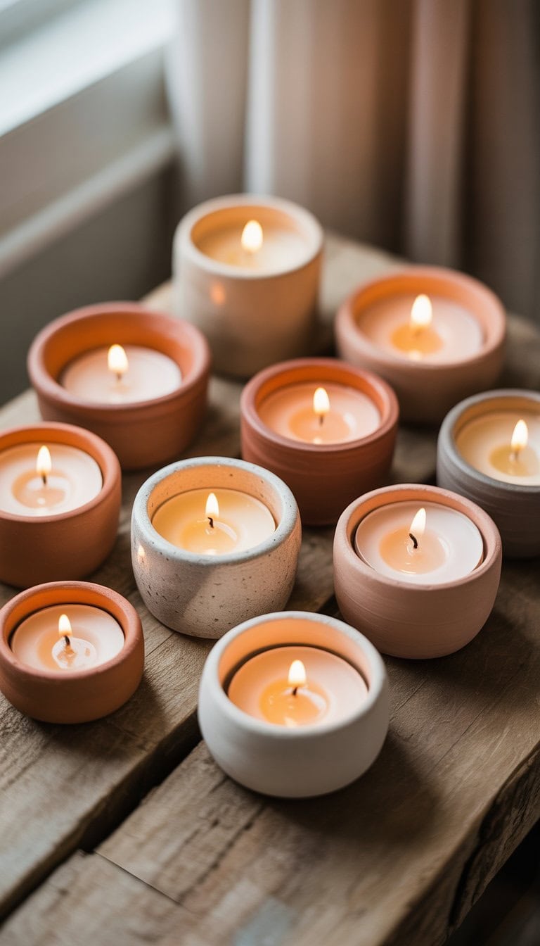 A group of small clay candle holders with lit candles arranged on a wooden surface.