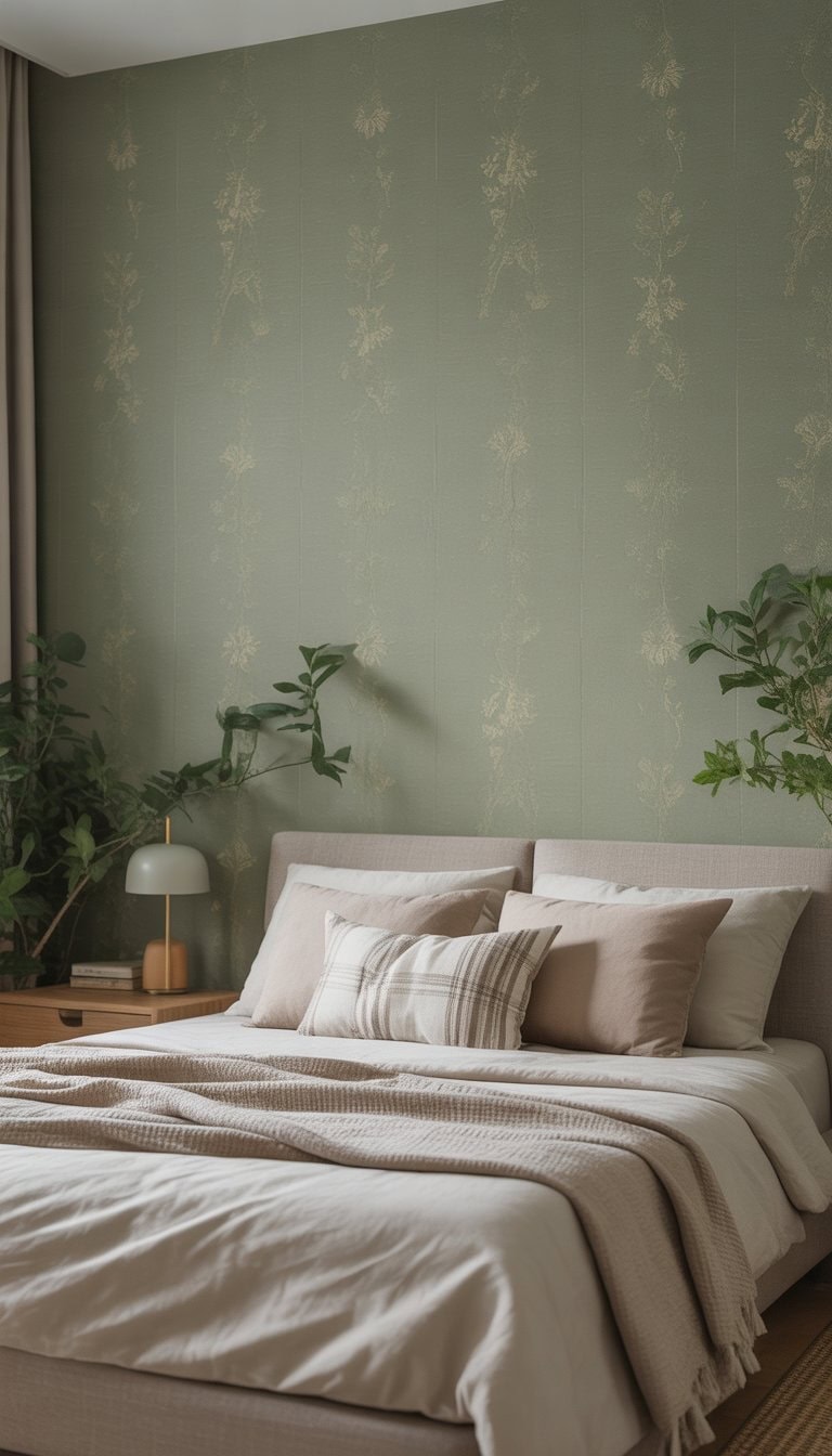 A bedroom with sage green patterned wallpaper, a bed with neutral bedding, wooden furniture, and green plants.