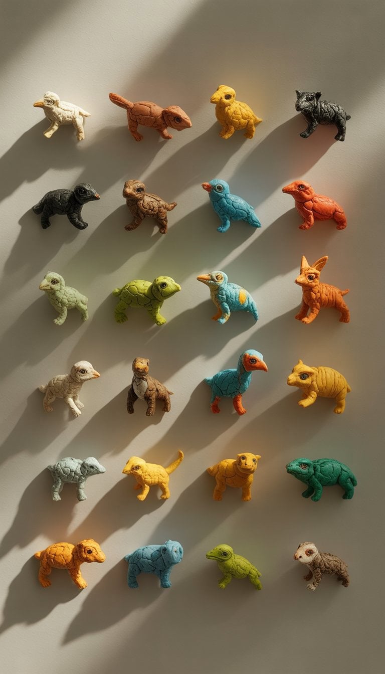 A collection of 23 tiny clay animal sculptures arranged on a neutral surface.