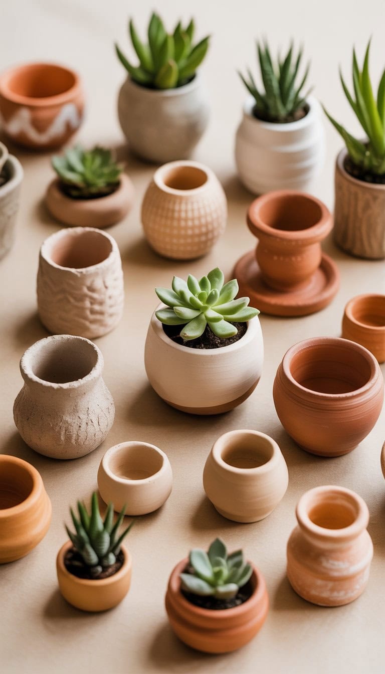 A collection of 23 small clay planters with various shapes and textures, some holding tiny green plants, arranged neatly on a plain surface.