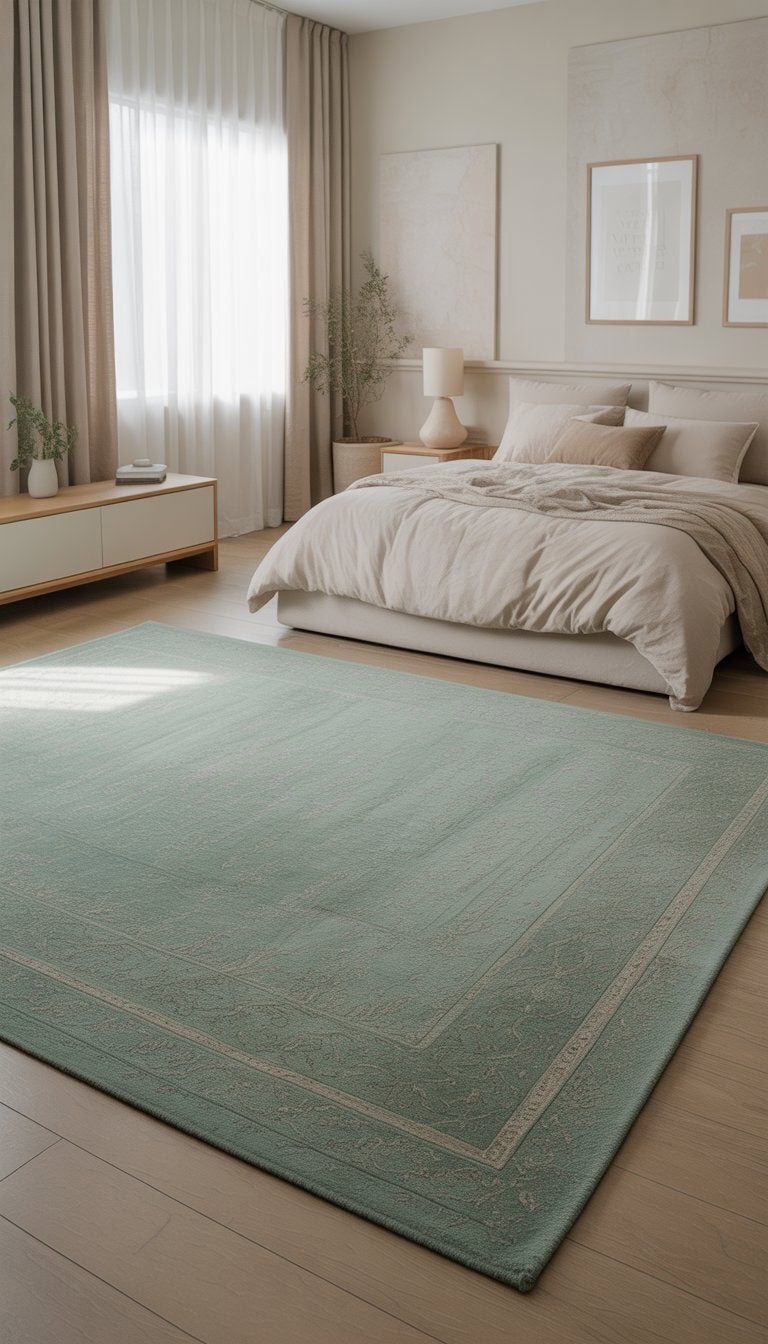 A bedroom with a large sage green rug on the floor, a bed with neutral bedding, light wood furniture, and natural light coming through windows.