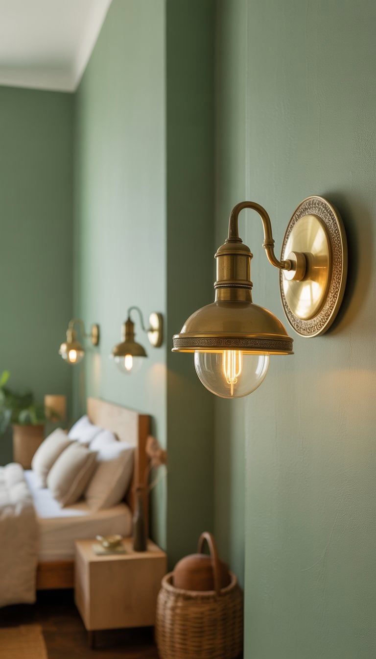 A bedroom with vintage brass wall lamps mounted on soft green walls and a neatly made bed in the background.