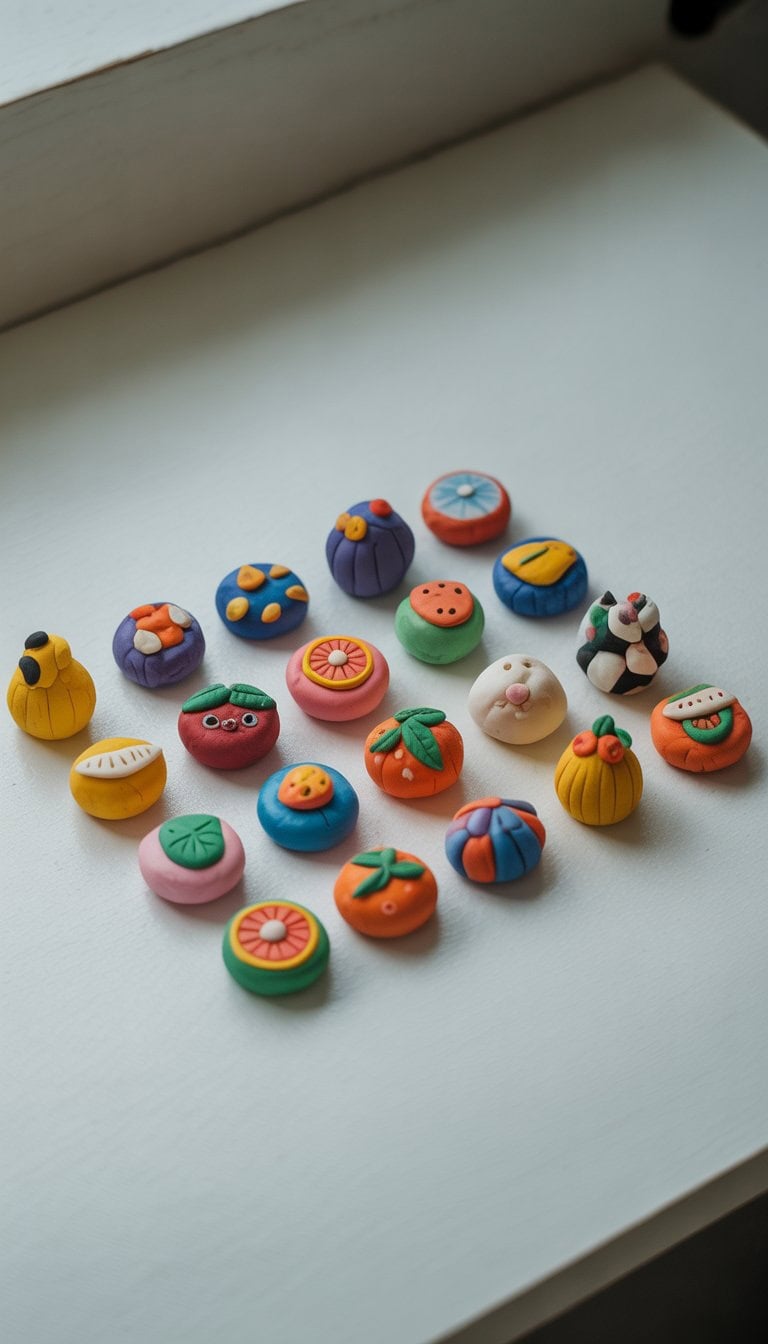 A collection of 23 small colorful air dry clay magnets in various shapes arranged on a white surface.