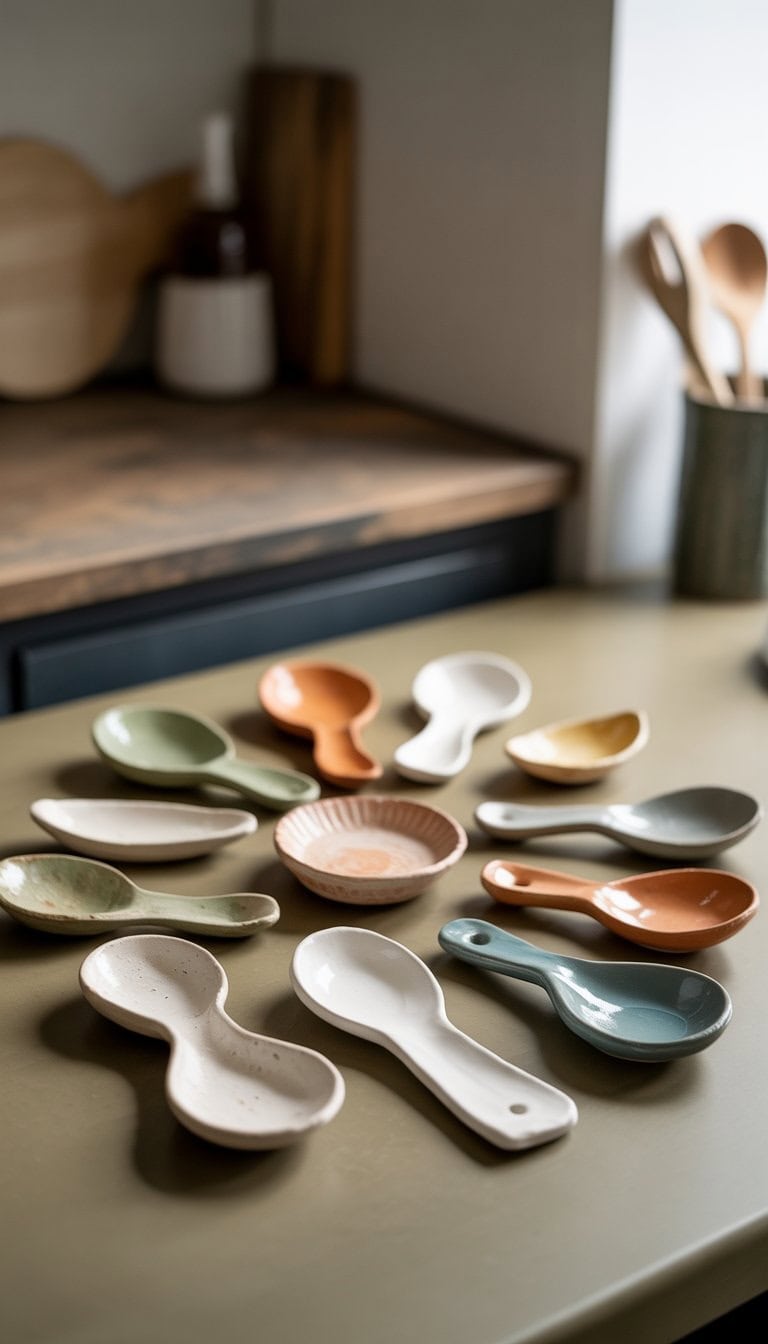 A collection of handbuilt ceramic spoon rests in various shapes and earthy colors arranged on a neutral surface with kitchen items blurred in the background.