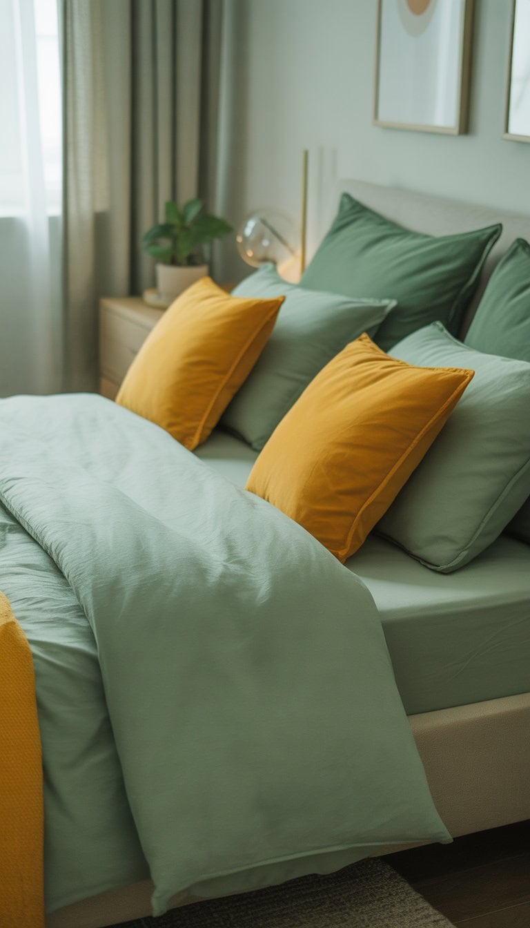 A bedroom with sage green bedding and marigold yellow throw pillows on the bed, featuring a bedside table with a small plant and soft natural light coming through a window.