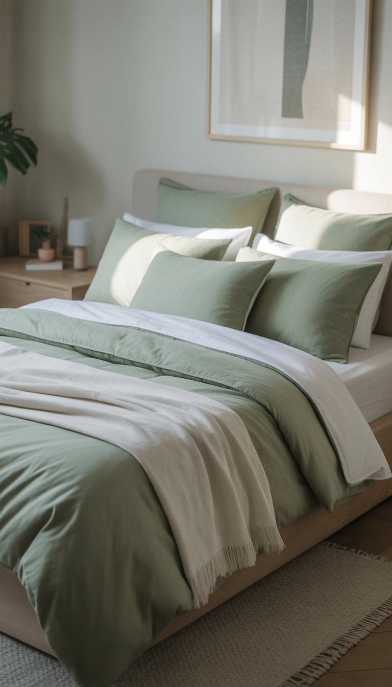 A bedroom with a bed made with sage green and white bedding, natural light, a bedside table with a lamp, and a potted plant.