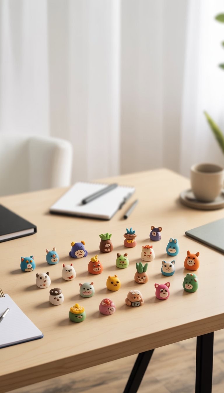 A collection of 23 small colorful polymer clay figures arranged on a wooden desk with a notebook, pen, and coffee cup nearby.