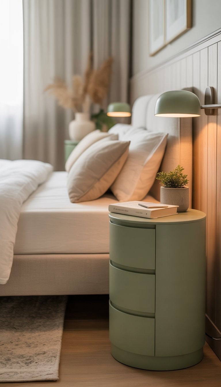 A bedroom with sage green bedside tables next to a bed with white bedding and soft natural light coming through curtains.