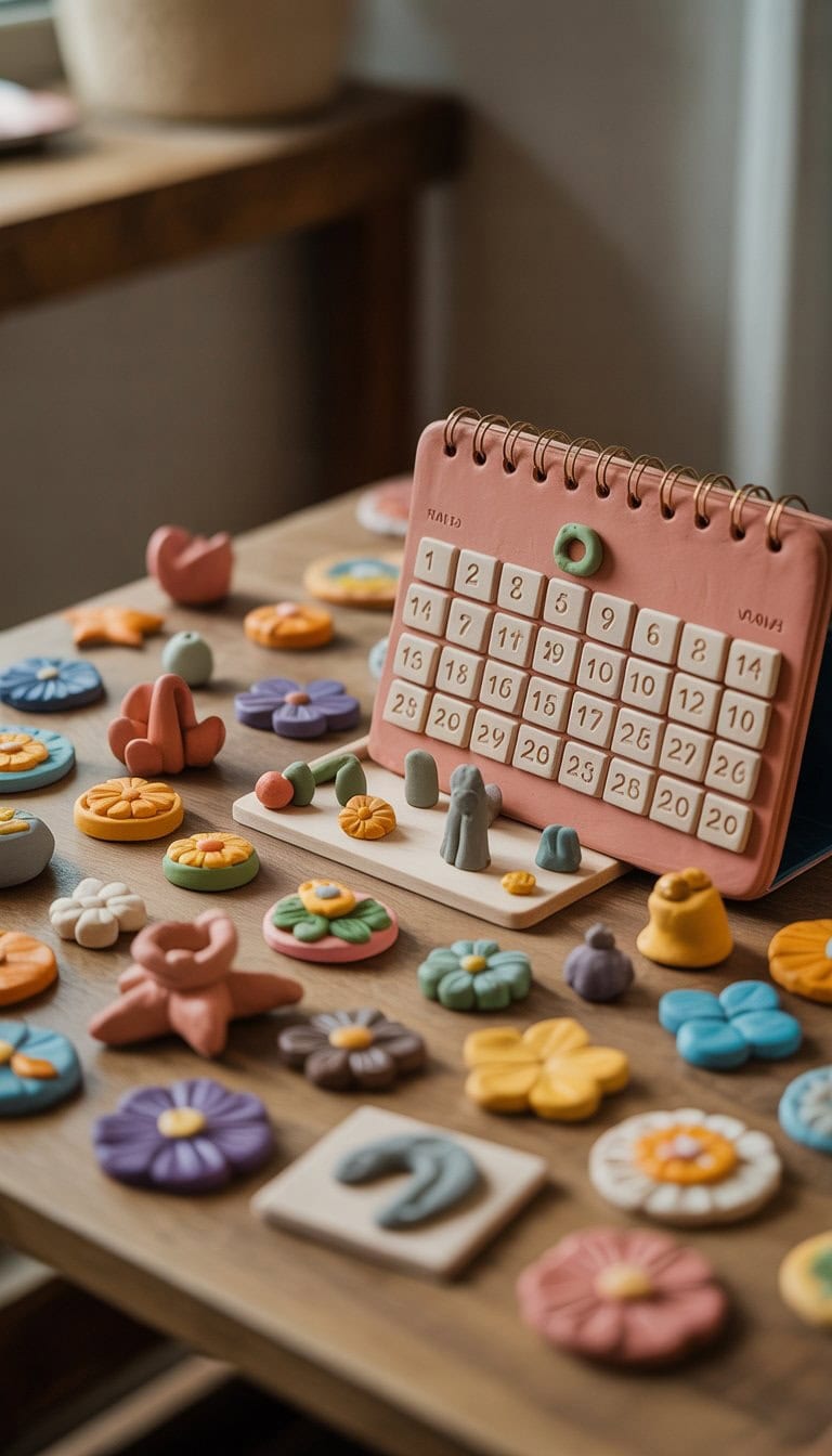 A wooden table displaying a handmade clay calendar surrounded by small colorful clay sculptures including flowers and animals.