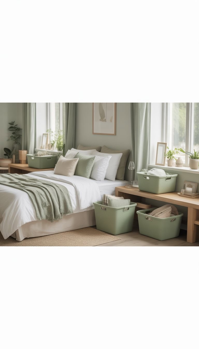 A bedroom with sage green storage baskets used for organizing, a neatly made bed, wooden furniture, and natural light coming through large windows.