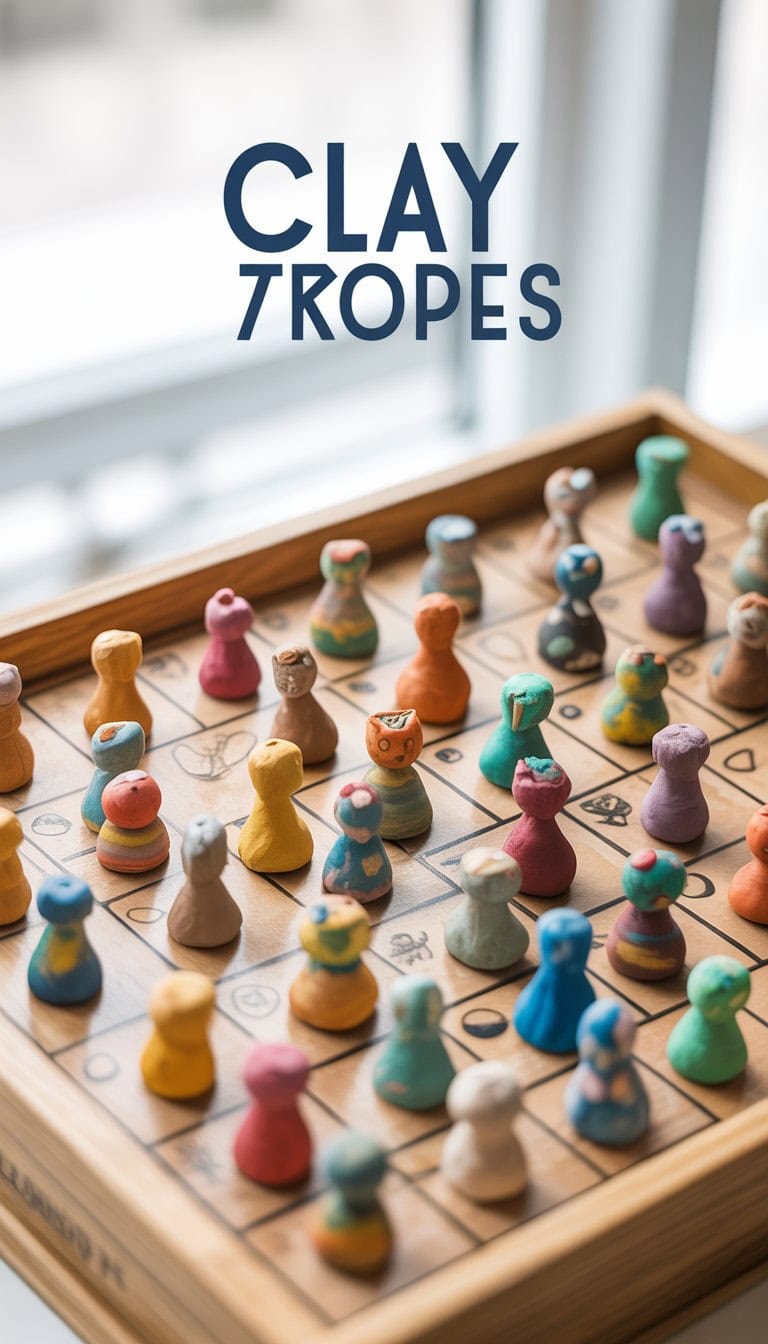 Close-up of colorful small clay game pieces arranged on a wooden board game.