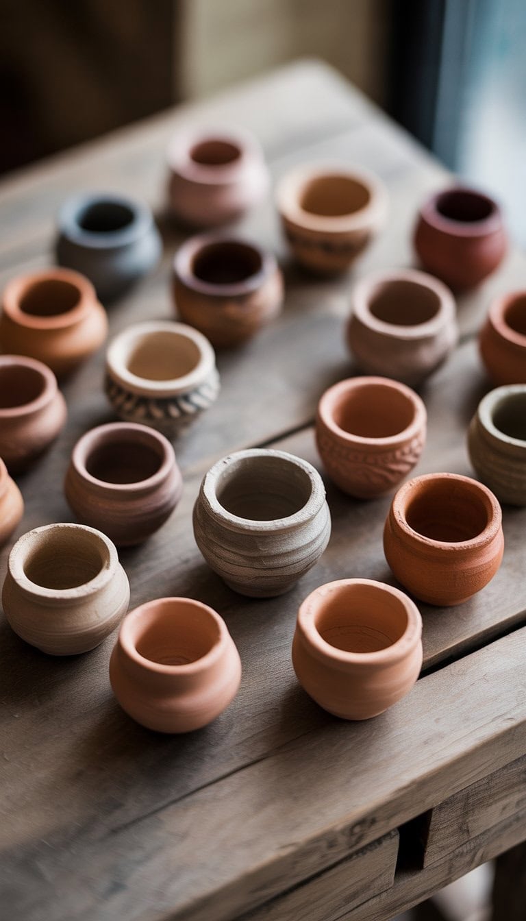A collection of 23 small handmade clay pots arranged on a wooden surface.