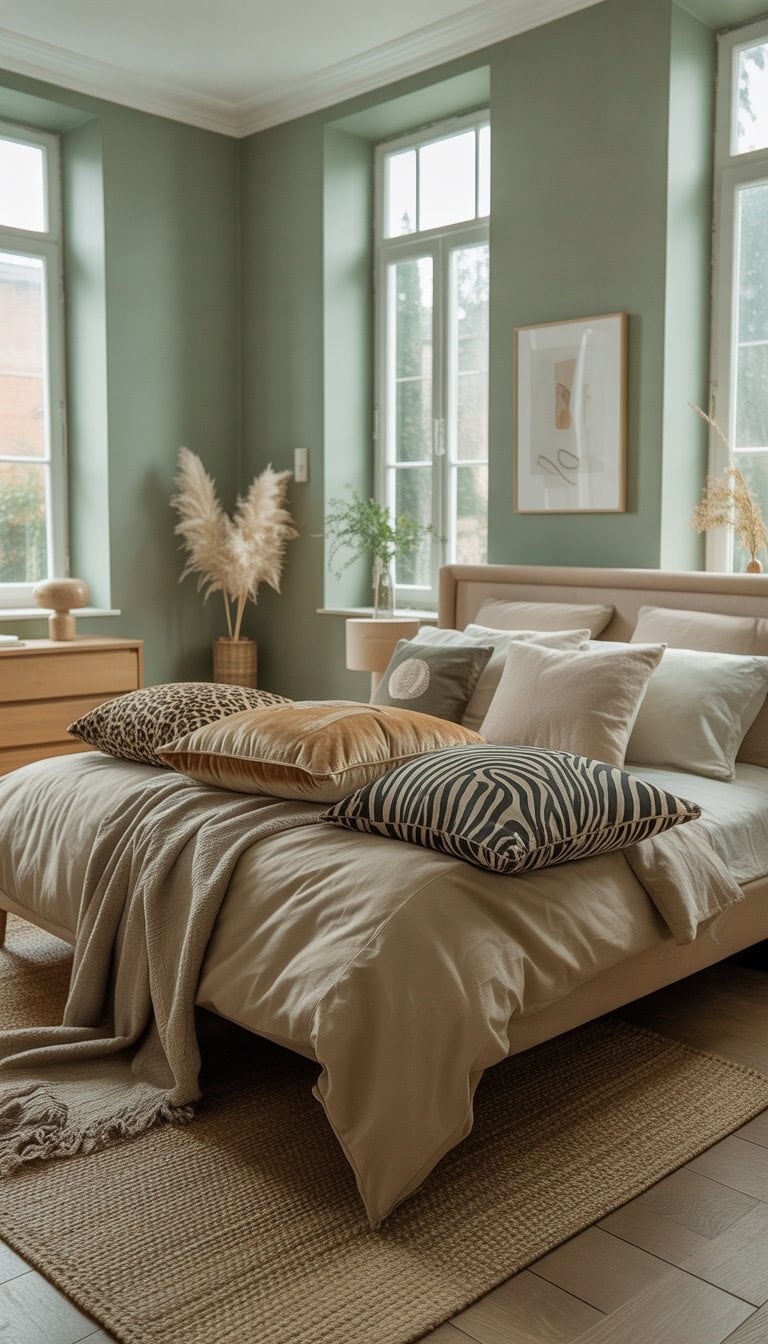 A bedroom with sage green walls and animal print cushions on the bed, illuminated by natural light.