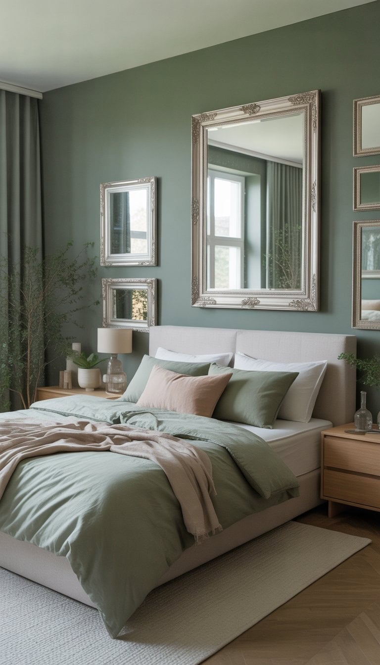 A bedroom with sage green walls, a bed with matching bedding, silver-framed mirrors and picture frames on the walls, and natural light filling the room.